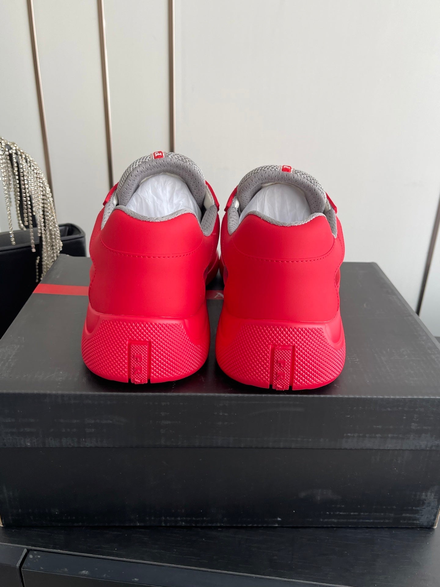PRADA 26S AMERICA CUP SNEAKERS IN RED SOFT RUBBER AND BIKE FABRIC