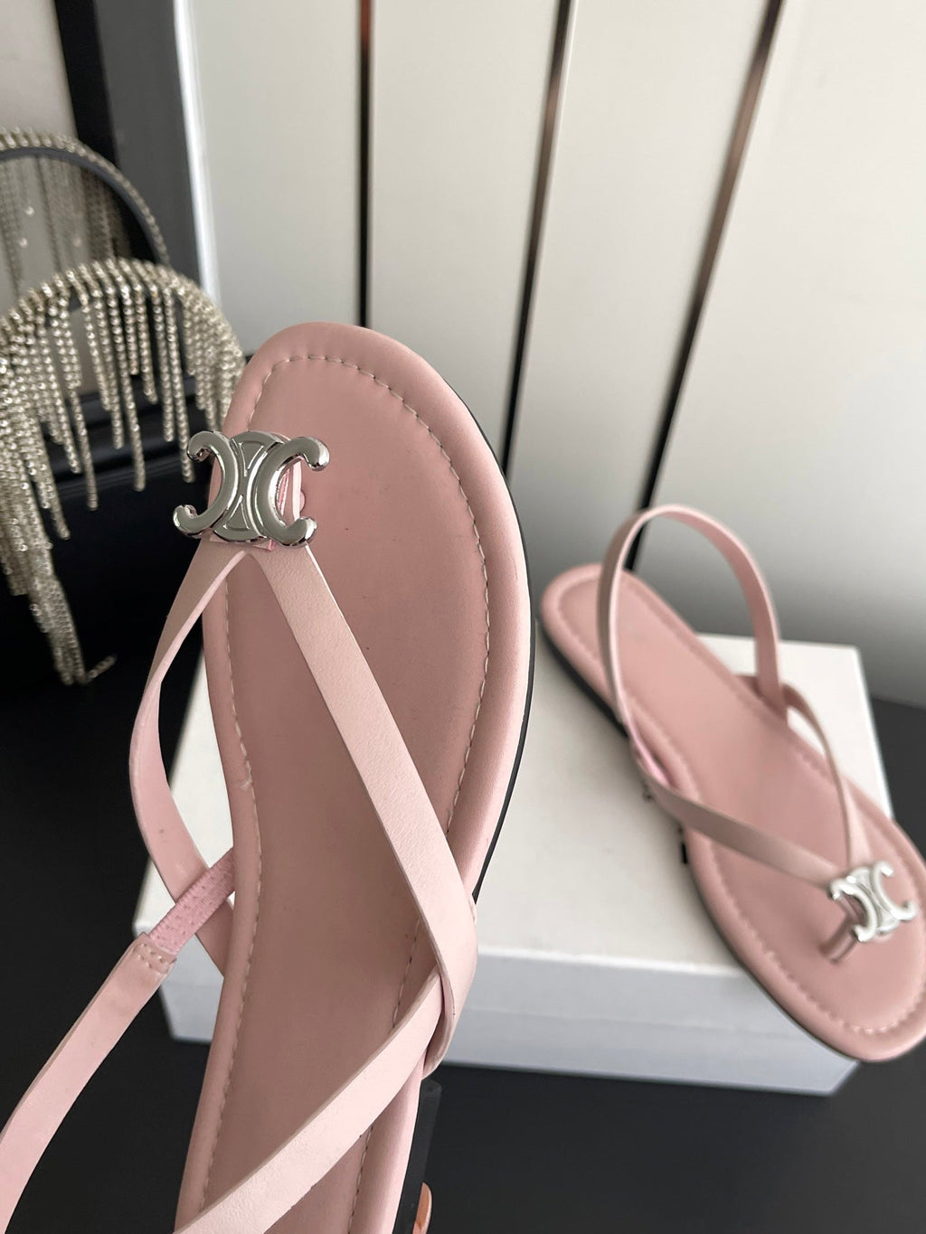 CELINE 26S THONG SANDALS IN LIGHT PINK CALFSKIN