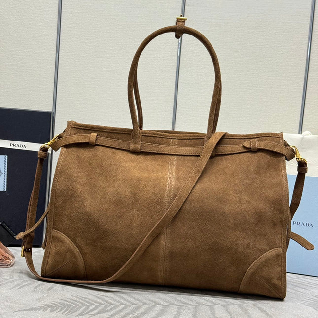 TOTE BAG WITH BELT 42 IN RUSSET BROWN SUEDE GOLD HARDWARE