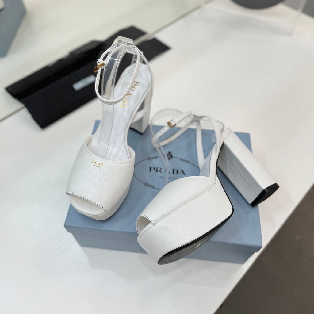 PRADA 26S HEELED SANDALS 115MM IN WHITE CALFSKIN