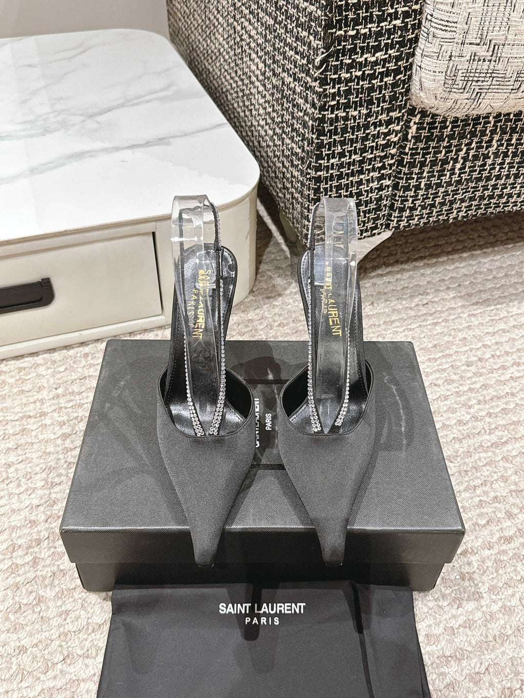 BARBARA 90 EMBELLISHED  BLACK SATIN MULES WITH RHINSTONES
