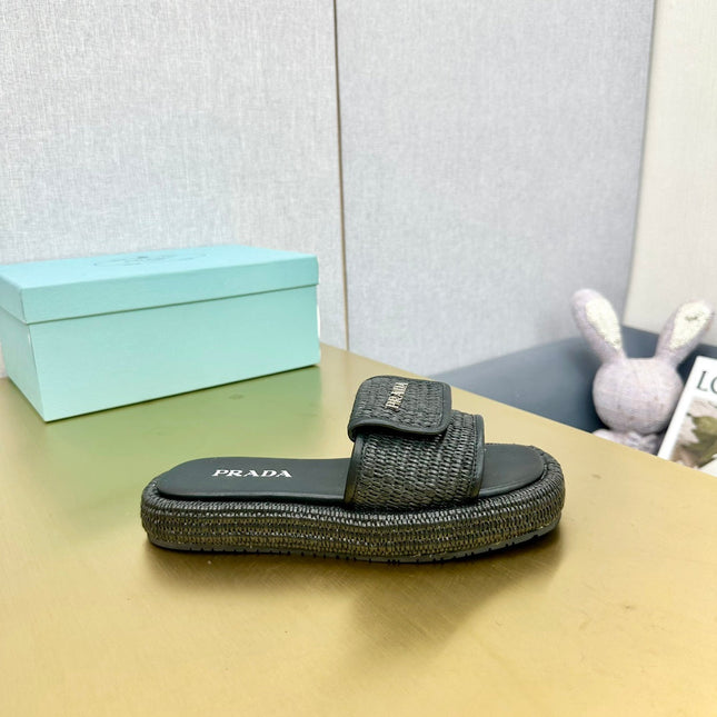 PRA CROCHET SLIDES SLIPPERS BLACK RAFFIA