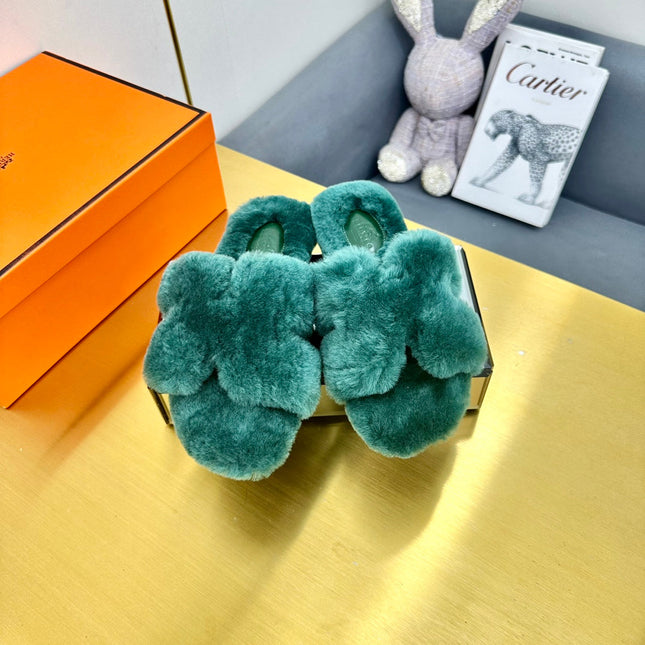0RAN SHEARLING SANDALS TEAL GREEN