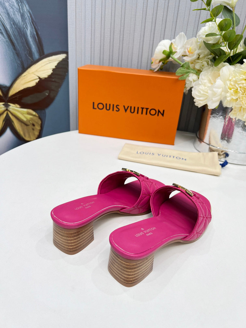 LV 26S MARE HIGH-HEELED MULE SANDALS IN PINK CALFSKIN