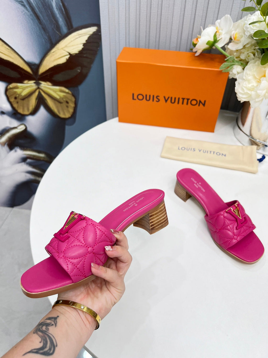 LV 26S MARE HIGH-HEELED MULE SANDALS IN PINK CALFSKIN