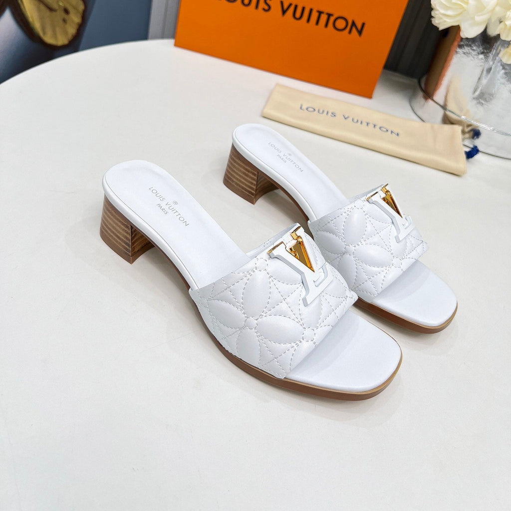 LV 26S MARE HIGH-HEELED MULE SANDALS IN WHITE CALFSKIN