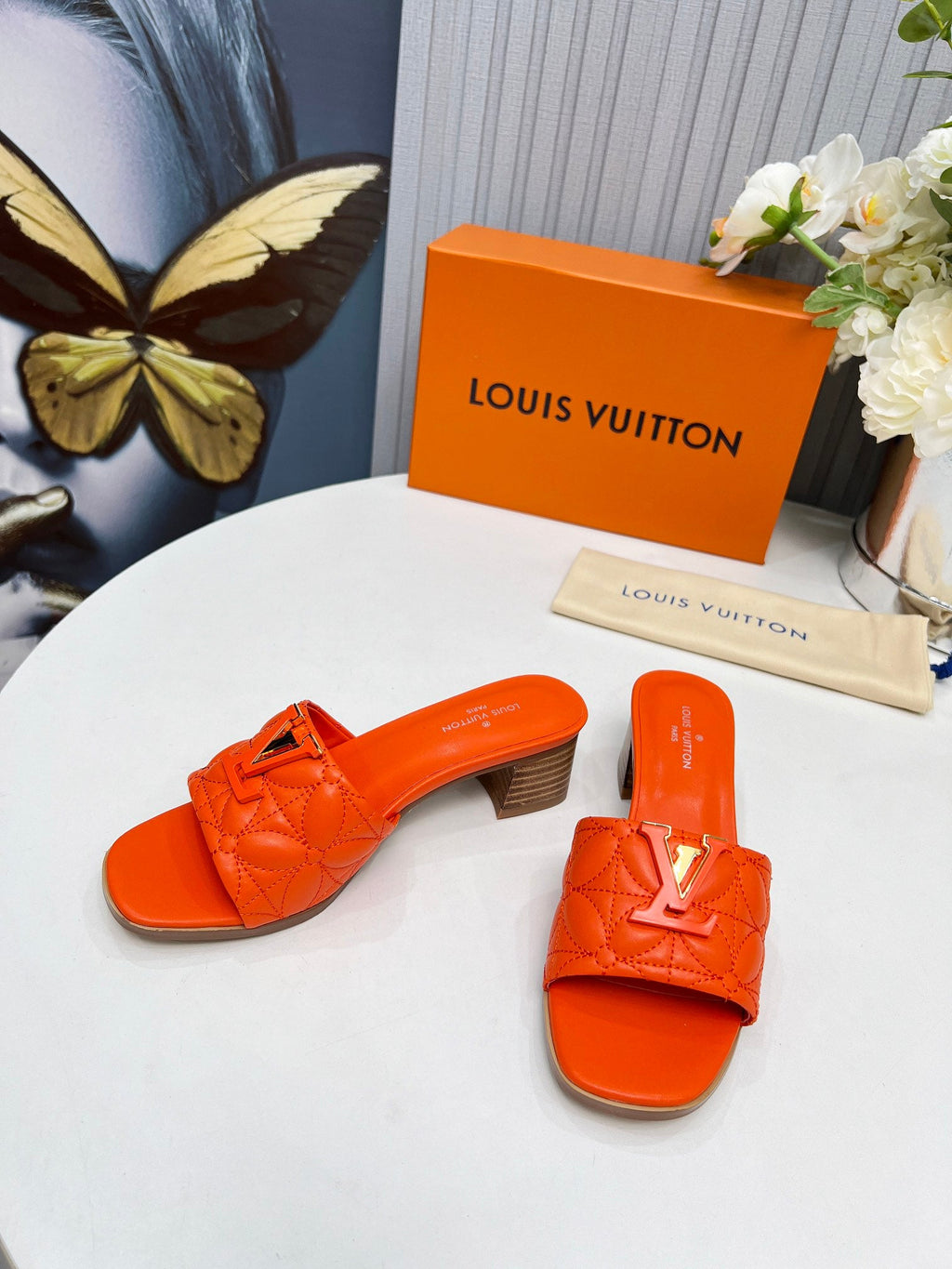 LV 26S MARE HIGH-HEELED MULE SANDALS IN ORANGE CALFSKIN