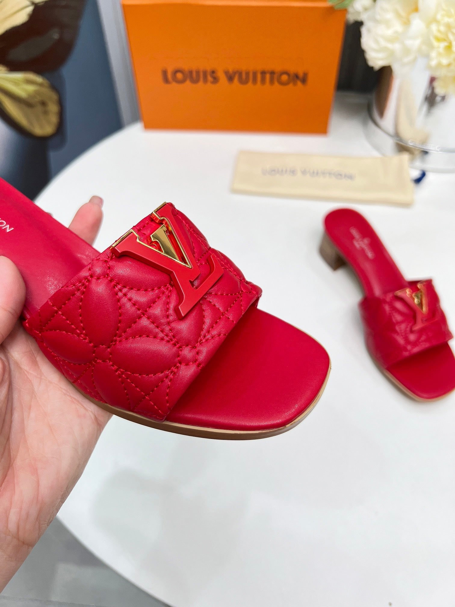 LV 26S MARE HIGH-HEELED MULE SANDALS IN RED CALFSKIN
