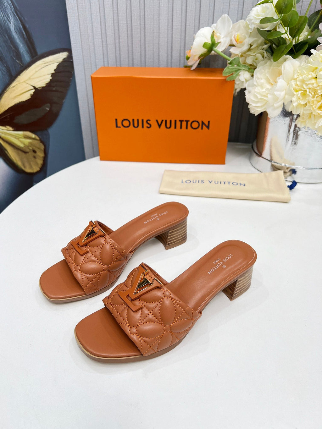 LV 26S MARE HIGH-HEELED MULE SANDALS IN BROWN CALFSKIN