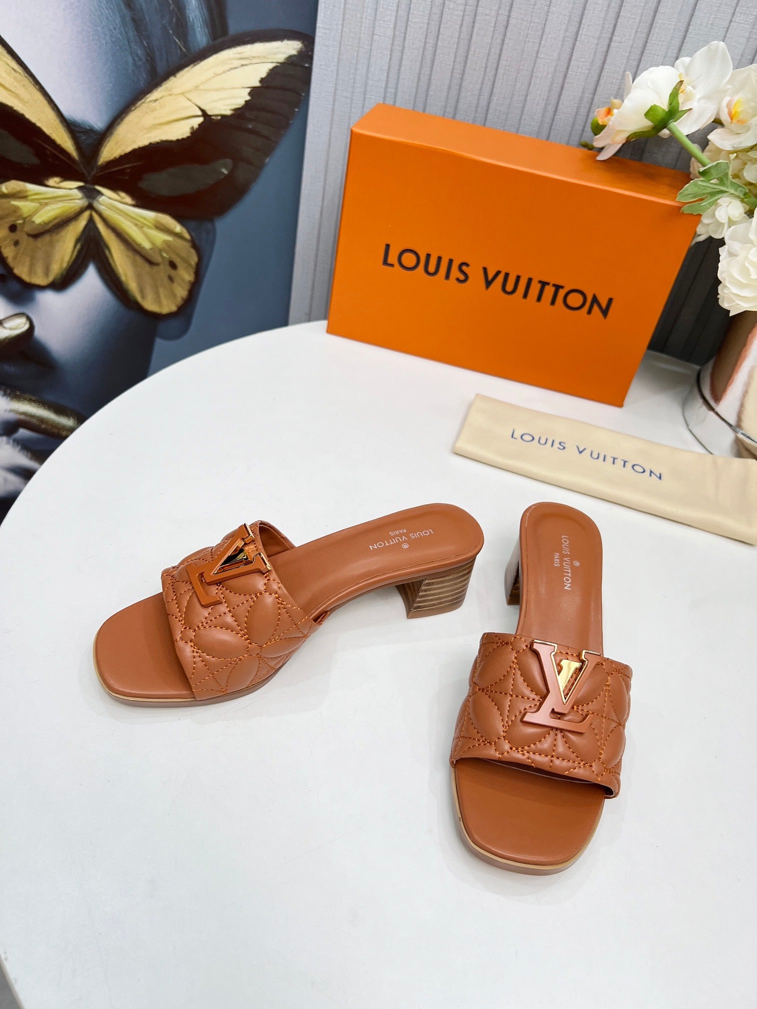 LV 26S MARE HIGH-HEELED MULE SANDALS IN BROWN CALFSKIN