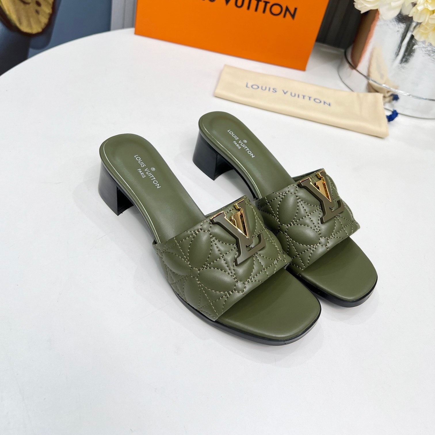 LV 26S MARE HIGH-HEELED MULE SANDALS IN MOSS GREEN CALFSKIN