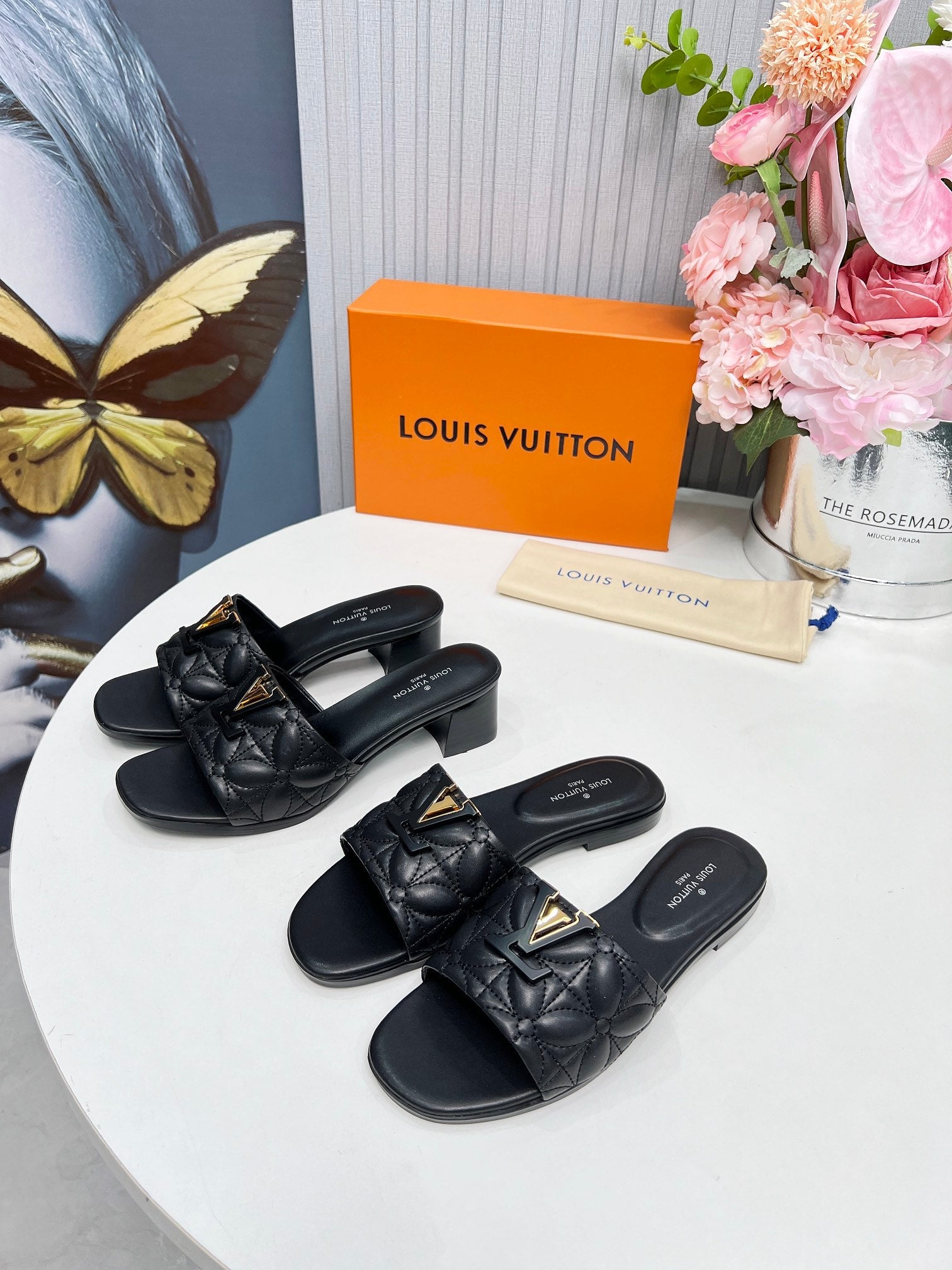 LV 26S MARE HIGH-HEELED MULE SANDALS IN BLACK CALFSKIN