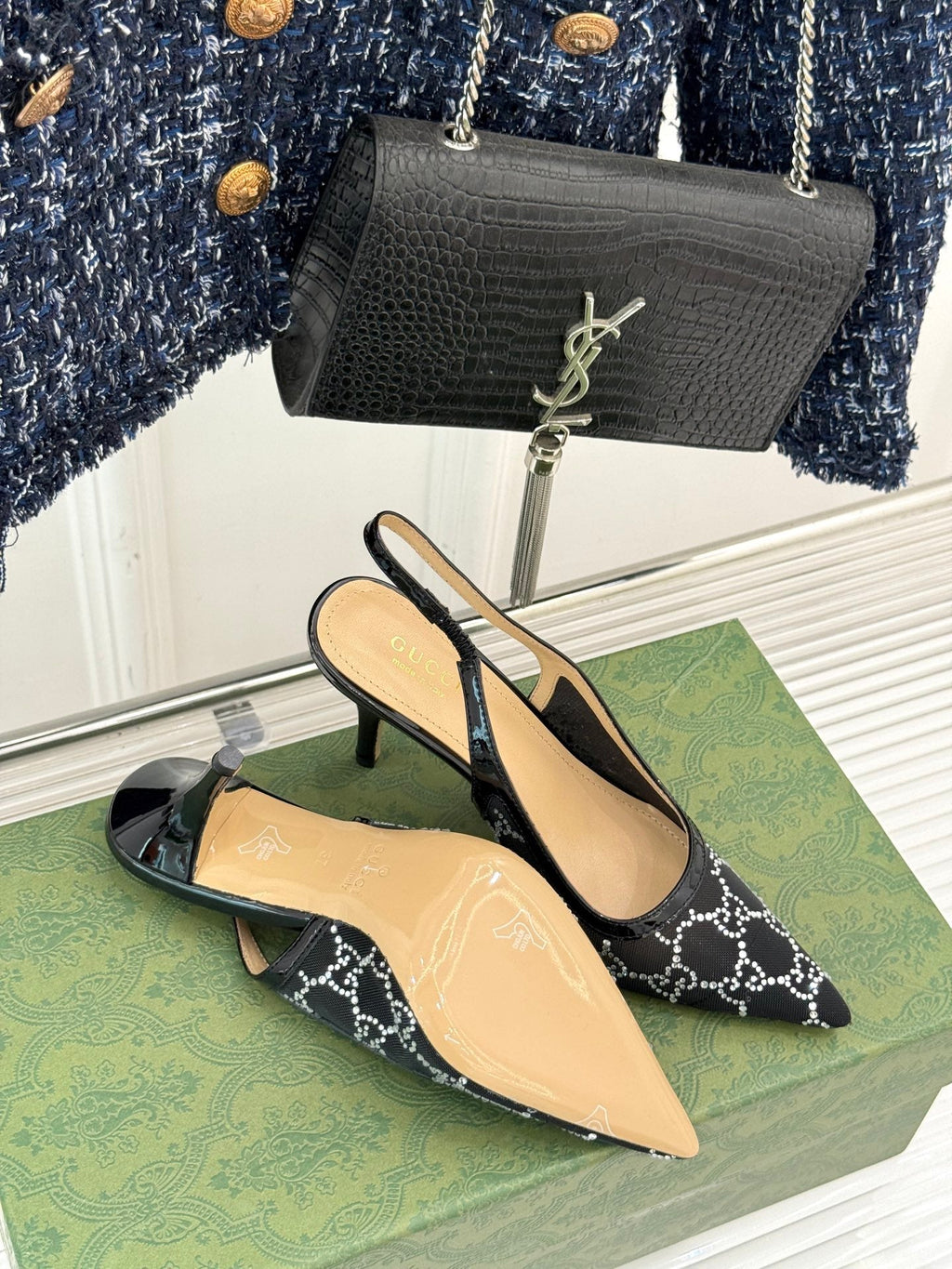 GG HIGH SLINGBACK 8.5 CM IN BLACK CLASSIC POINTED-TOE MESH WITH RHINESTONE EMBELLISHMENTS