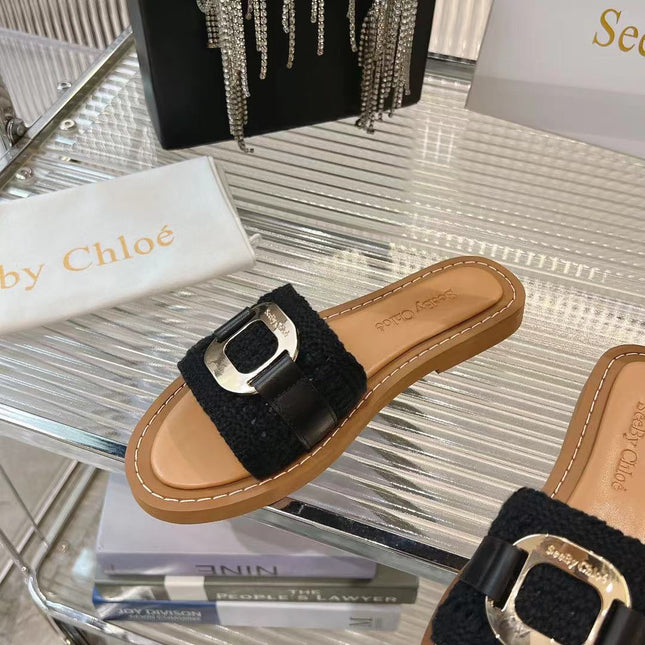 WOVEN SLIDE MULE IN BLACK WOOL AND BROWN LAMBSKIN GOLD HARDWARE