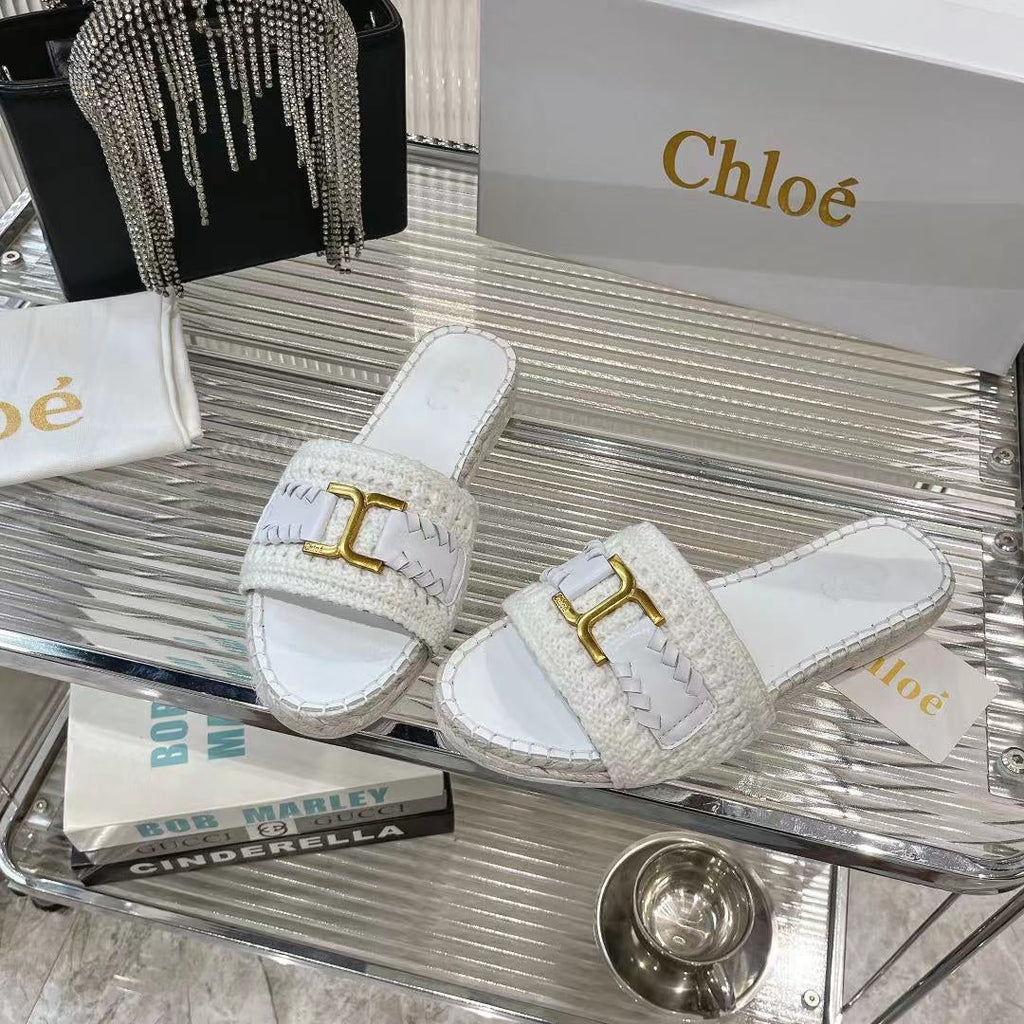 WOVEN SLIPPER IN WHITE WOOL AND LAMBSKIN GOLD HARDWARE