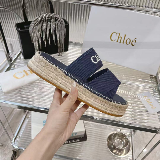MILA PLATFORM 5 CM IN NAVY BLUE FABRIC AND BEIGE RAFFIA