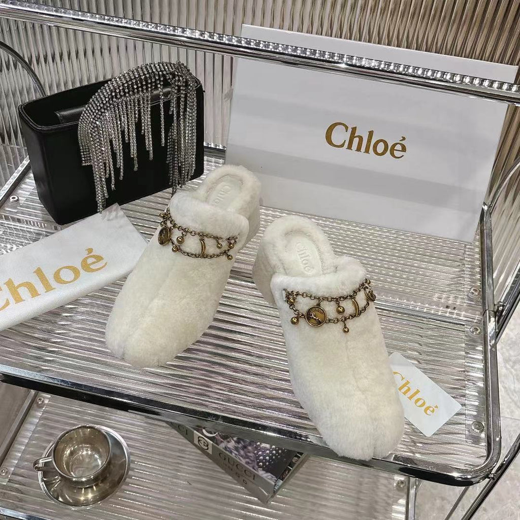 CHLOÉ 26S HIGH-HEELED MULES IN CREAM WHITE WOOL