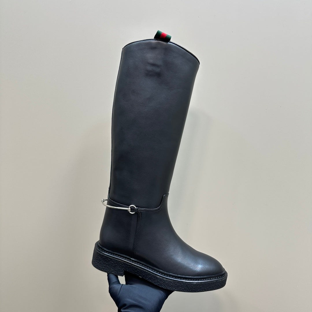 SLIM HORSEBIT KNEE BOOTS WITH WEB IN BLACK CALFSKIN