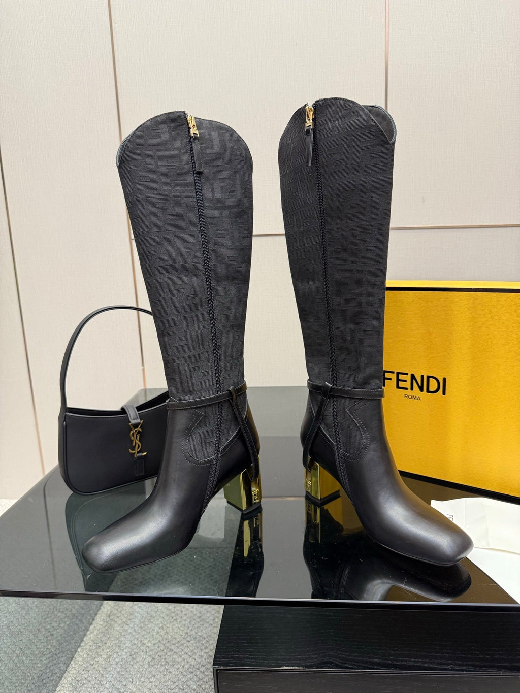 FENDI 25S KNEE-HIGH BOOTS 50 MM IN BLACK CALFSKIN AND FABRIC PRINT LOGO