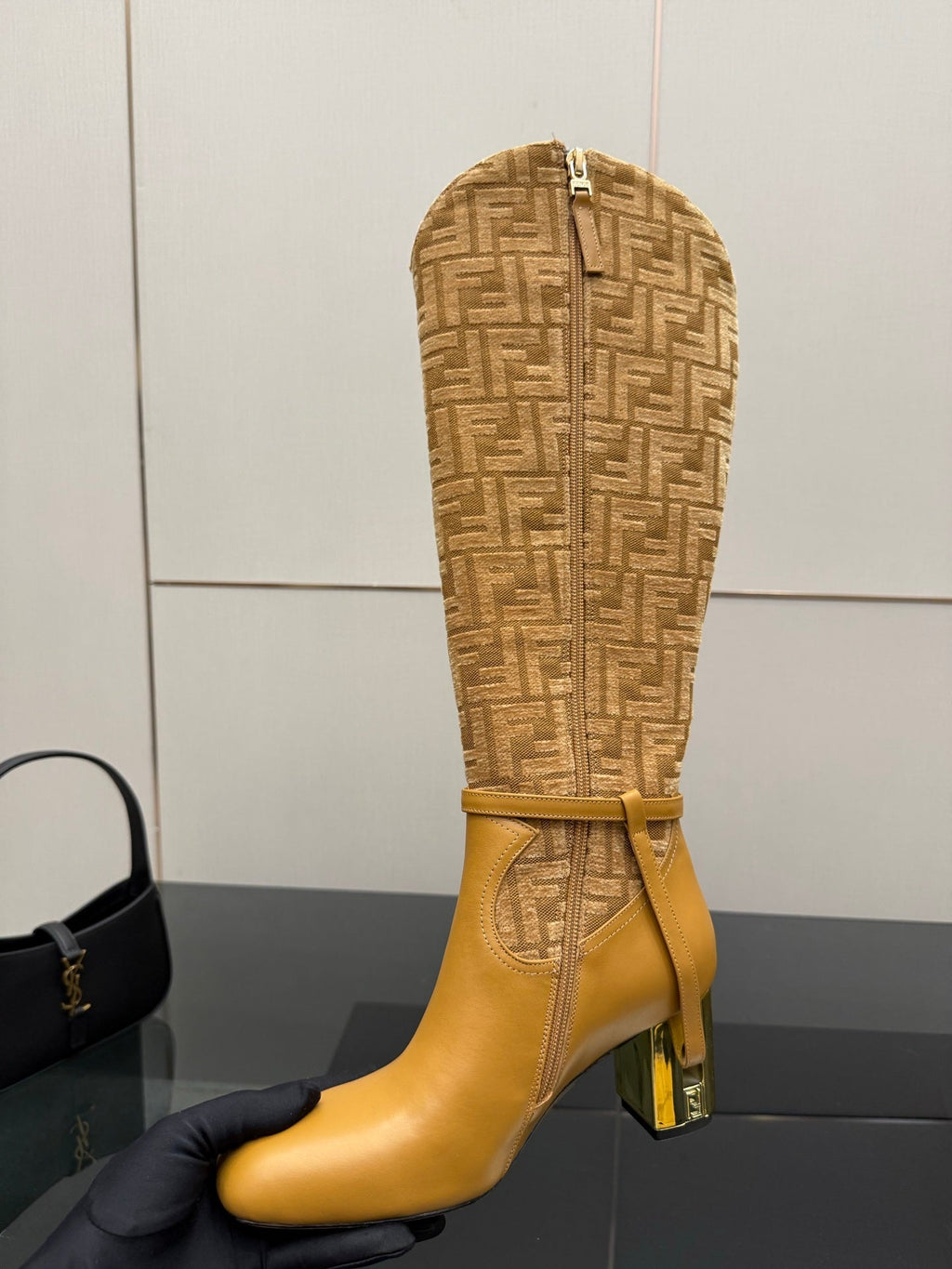 FENDI 25S KNEE-HIGH BOOTS 50 MM IN GOLDEN BROWN CALFSKIN AND FABRIC PRINT LOGO