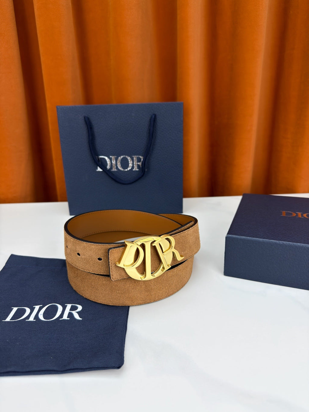 DIOR 26S CD LOGO BELT IN BROWN SUEDE CALFSKIN GOLD HARDWARE