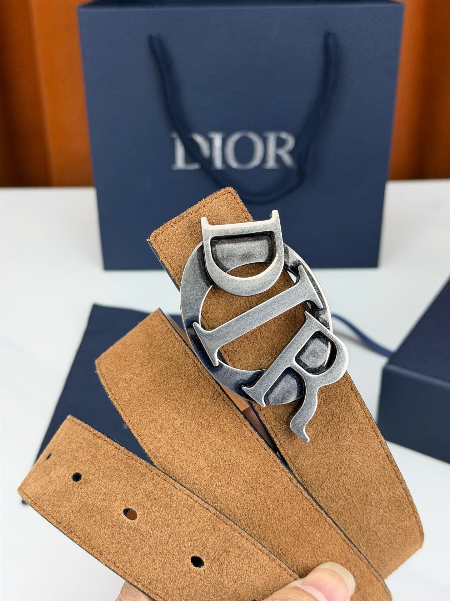 DIOR 26S CD LOGO BELT IN BROWN SUEDE CALFSKIN GUNMETAL HARDWARE