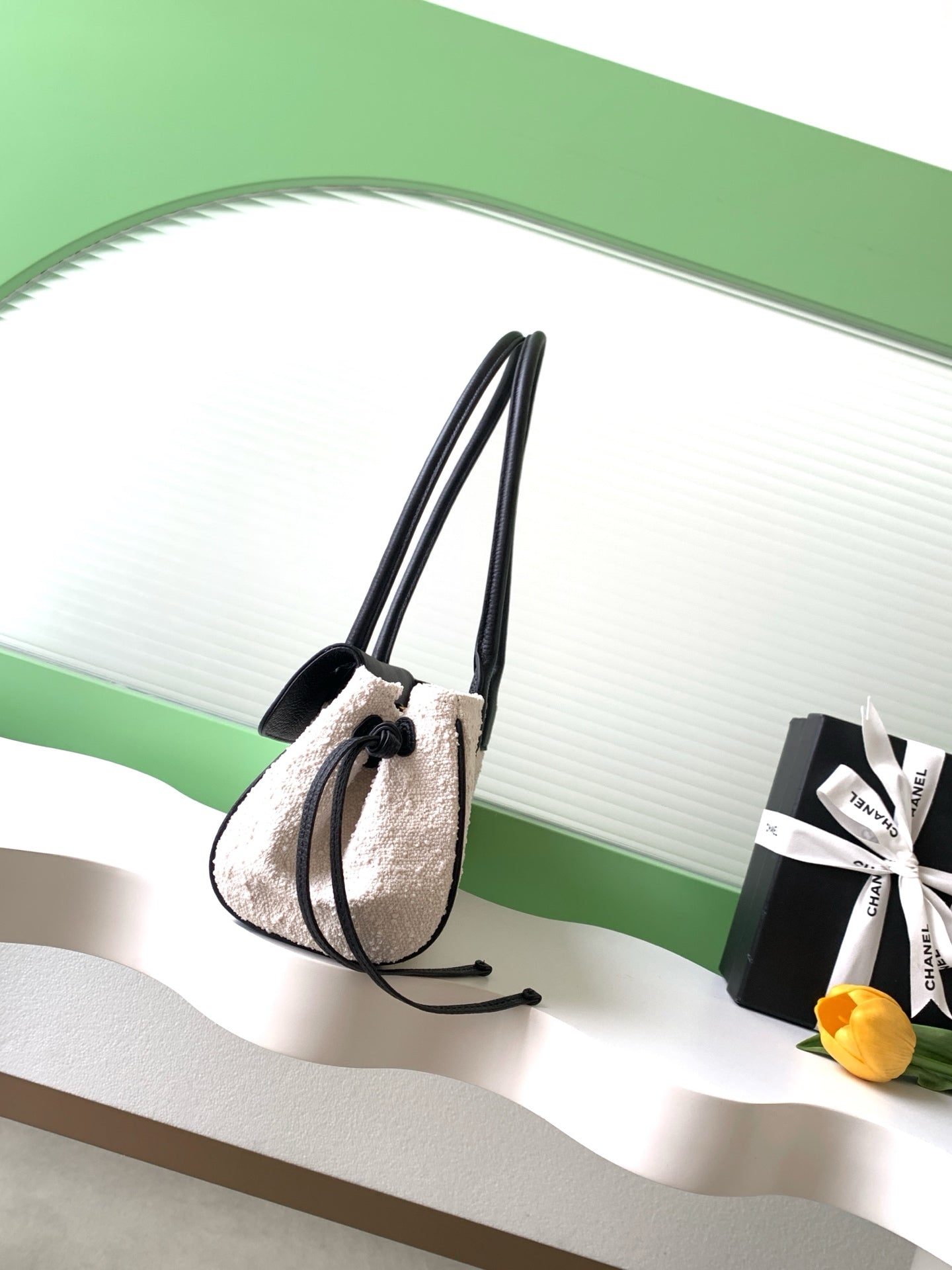 CHANEL 26S TOP HANDLE SHOPPING BAG 30 IN BLACK CALFSKIN AND IVORY FABRIC