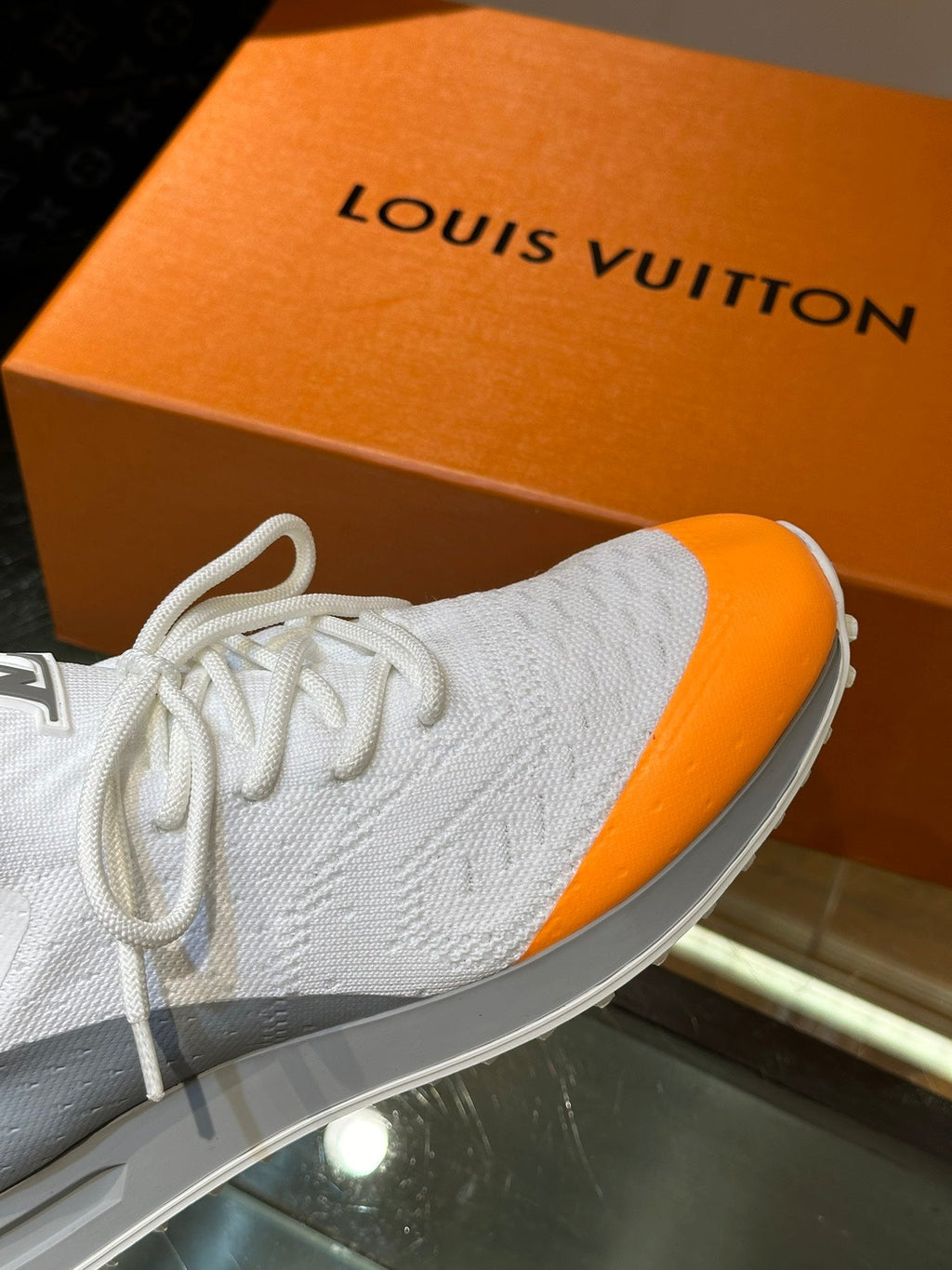 LV SNEAKERS IN GREY MIX WHITE MIX ORANGE CALFSKIN AND FABRIC BREATHABLE