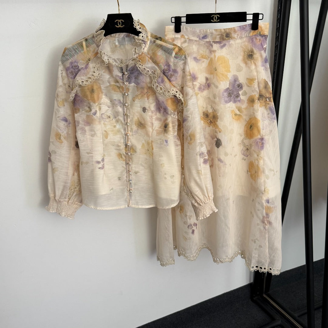 ZIMMERMANN 26S LONG SLEEVE SHIRT AND MIDI SKIRT SET STYLE 250