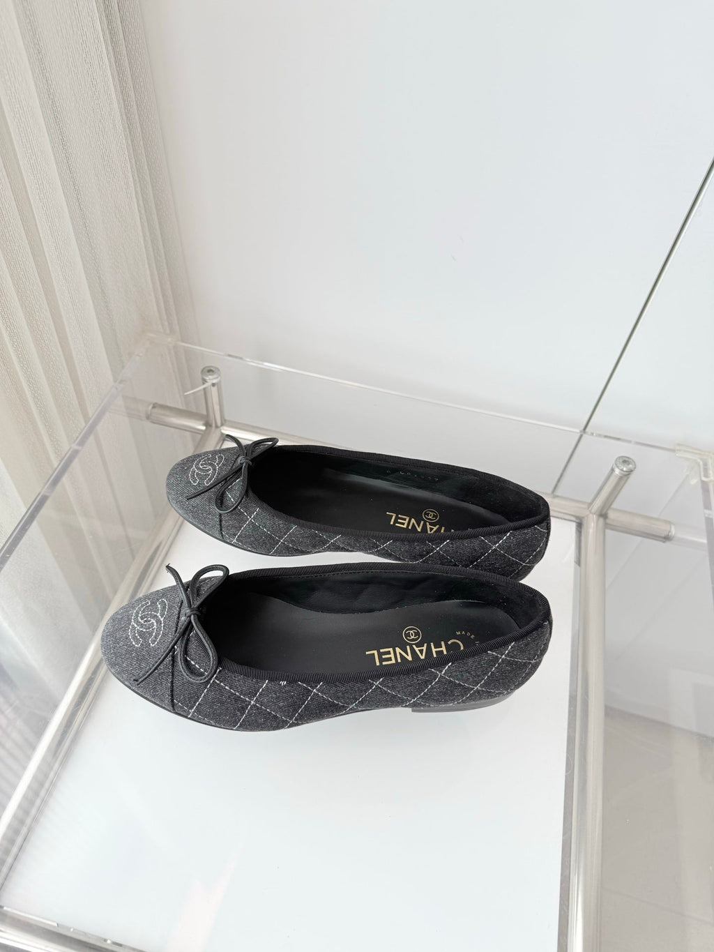 CHANEL 26S BALLET FLATS IN GREY DENIM WITH BOW