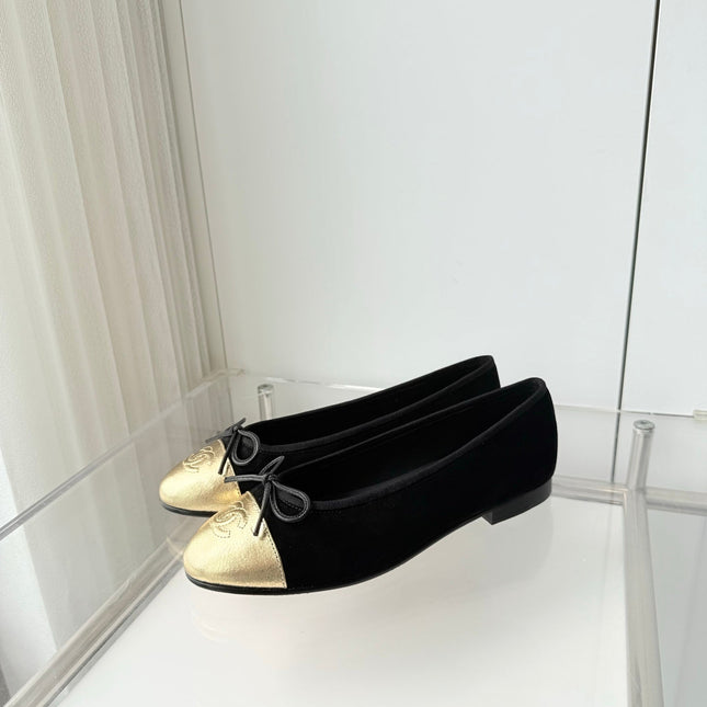 CHANEL 26S BALLET FLATS IN BLACK SUEDE WITH GOLD TOE CAP AND BOW