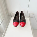CHANEL 26S BALLET FLATS IN DARK BROWN CALFSKIN WITH RED PATENT TOE CAP & BOW