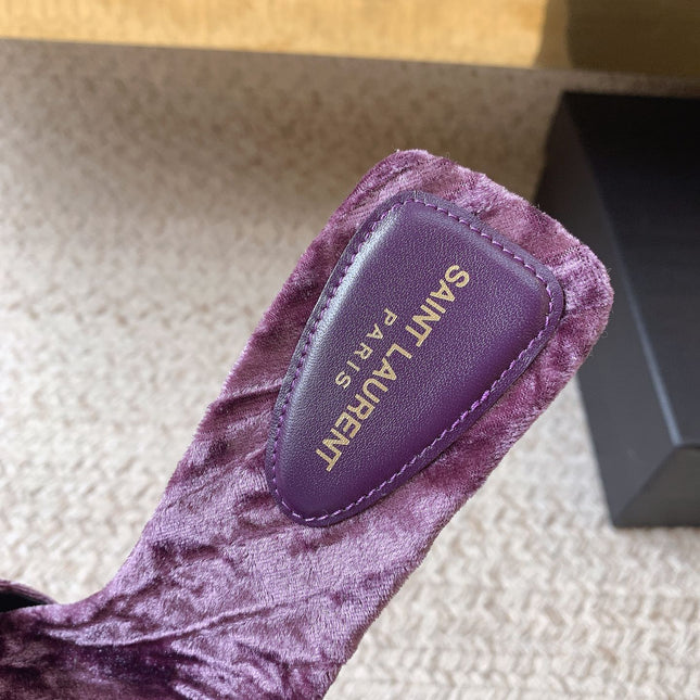 HIGH HEEL SLIDES IN PURPLE VELVET