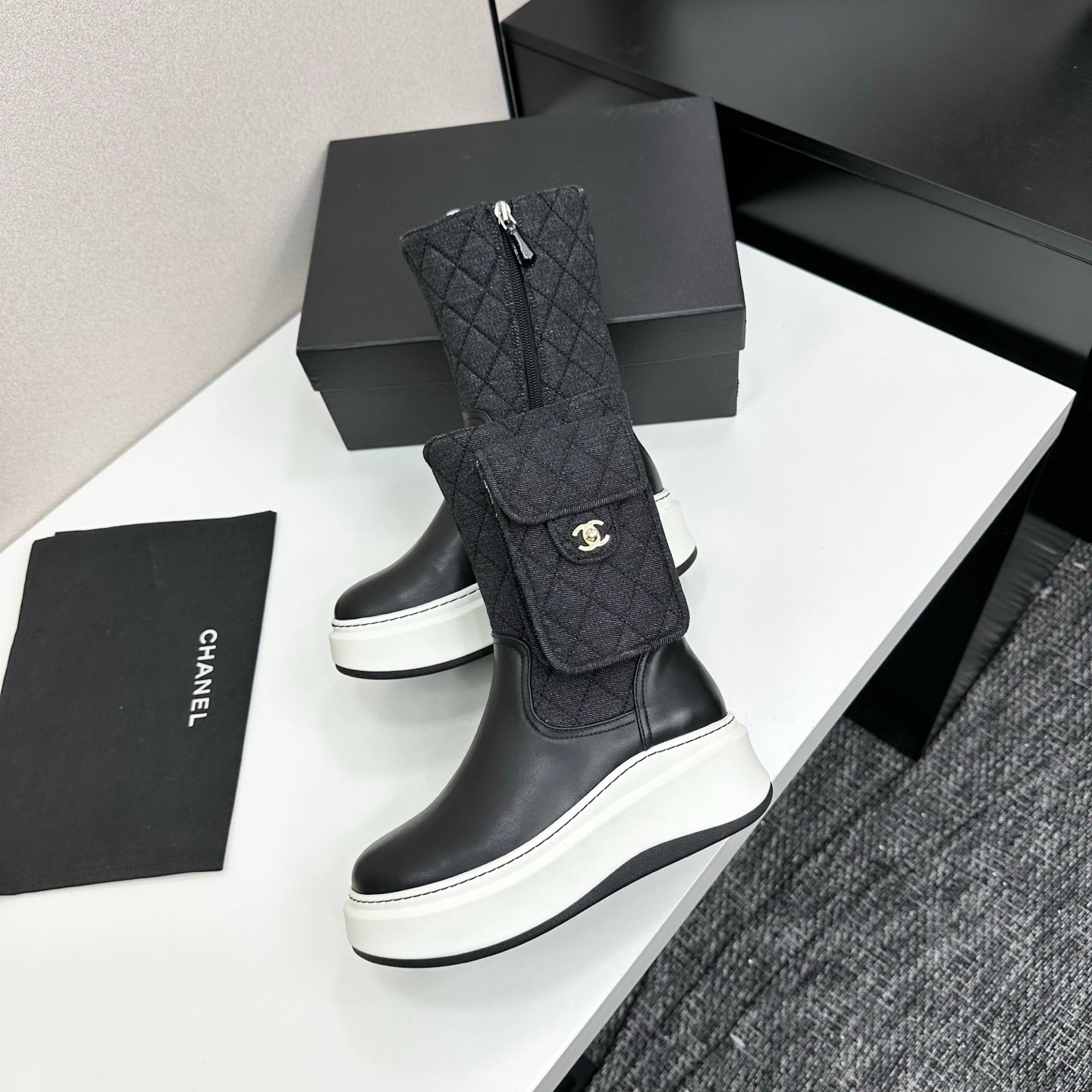CHANEL 25S WEDGE ANKLE BOOTS IN BLACK CALFSKIN AND DENIM