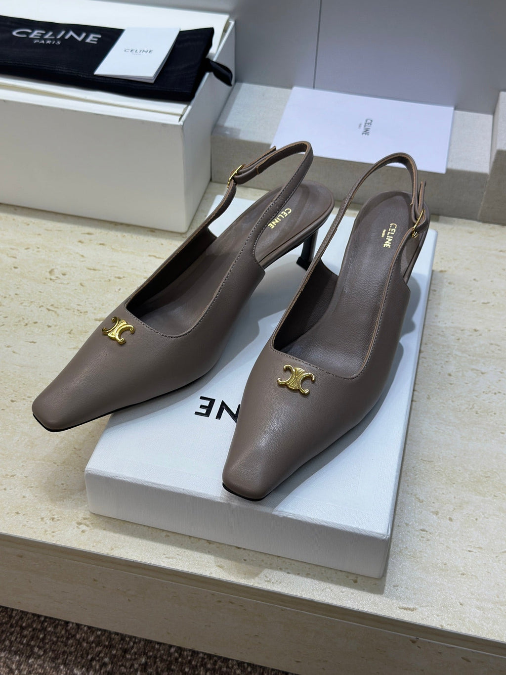 CELINE 26S SLINGBACK HEELS 65 MM IN BEIGE GREY CALFSKIN