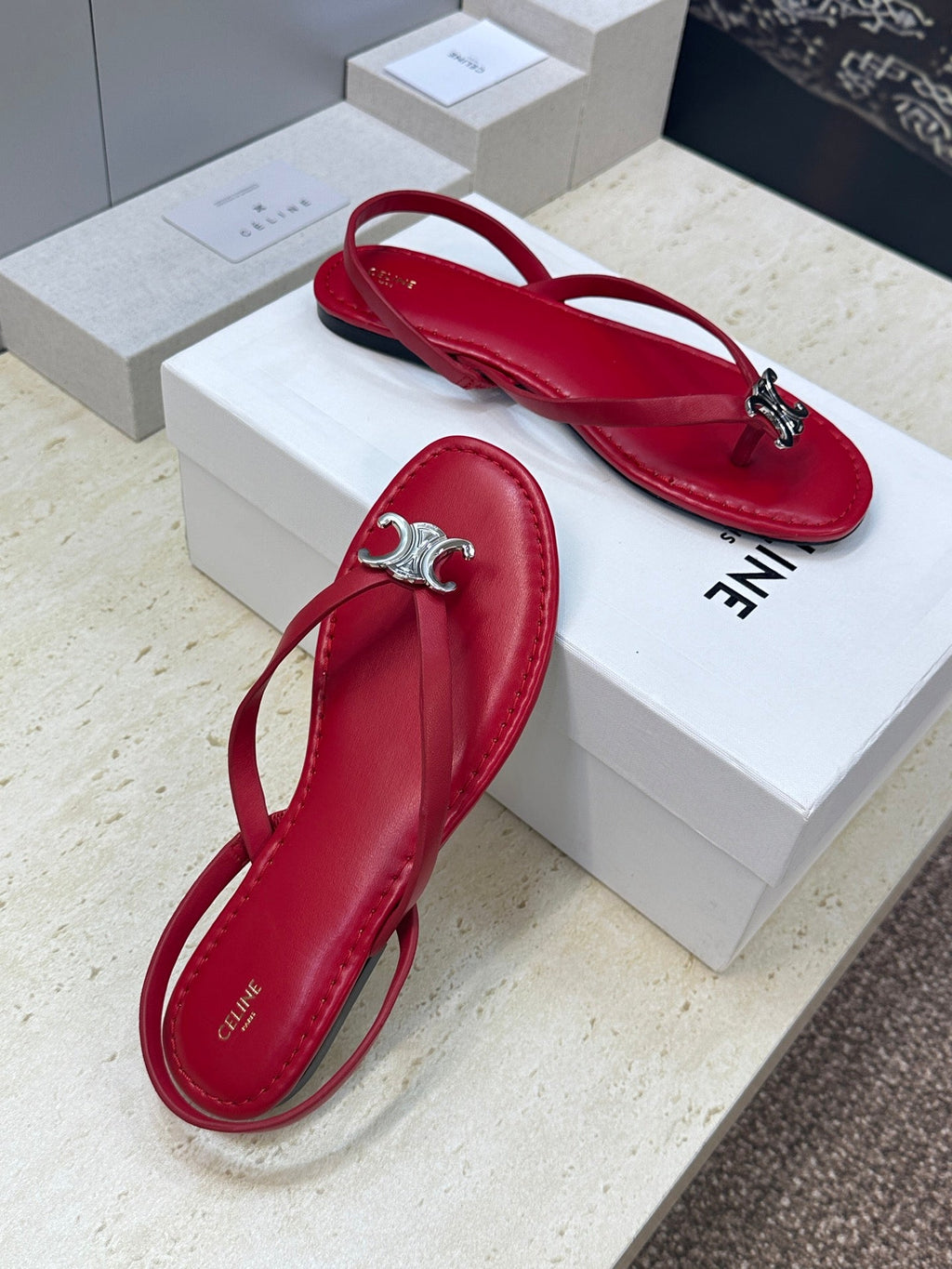 CELINE 26S THONG SANDALS IN RED CALFSKIN