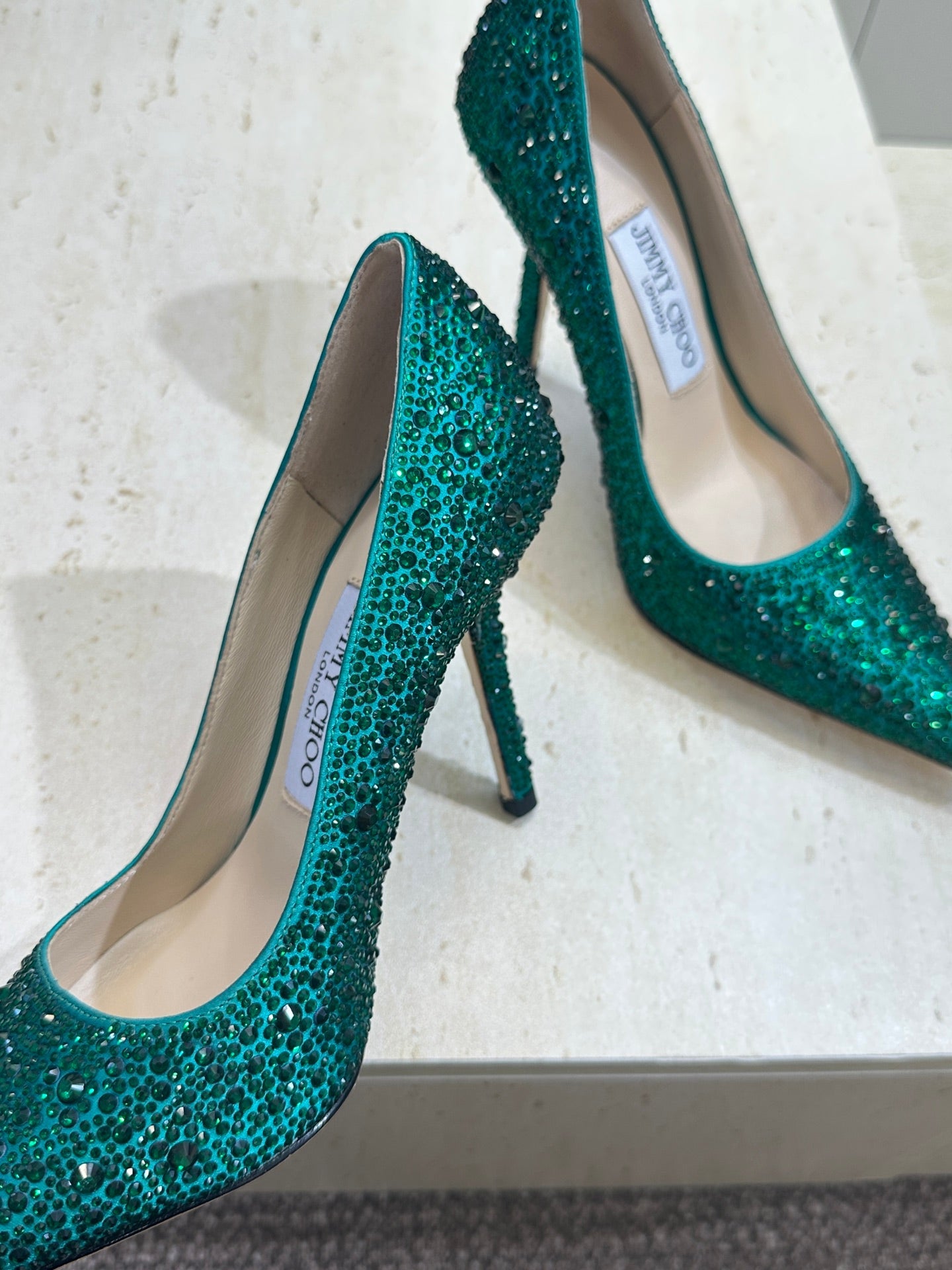 JIMMY CHOO 26S HIGH HEELS 95 MM IN GREEN CRYSTAL-EMBELLISHED