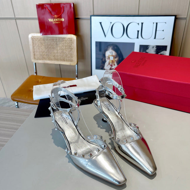 ROCKSTUD CAGED SLINGBACKS 5 CM IN SILVER CALFSKIN