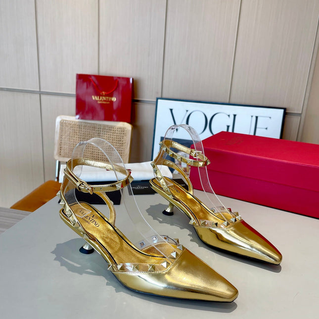 ROCKSTUD CAGED SLINGBACKS 5 CM IN GOLD CALFSKIN