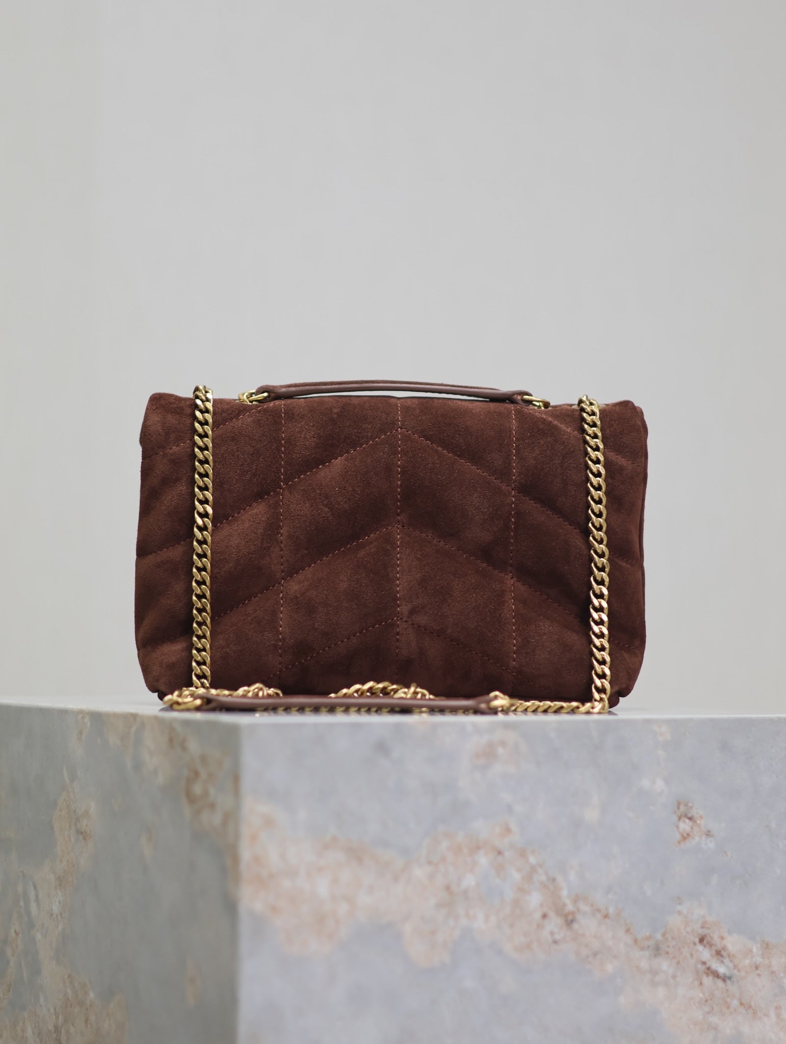 YSL 25S LOULOU PUFFER MINI 23 IN DARK BROWN SUEDE GOLD HARDWARE