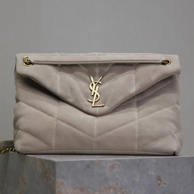 YSL 25S LOULOU PUFFER GM 35 IN SMOKEY TAUPE SUEDE GOLD HARDWARE