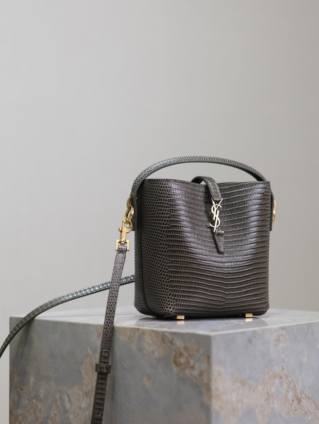 YSL 25S LE 37 MINI 15 IN BROWN LIZARD PATTERN CALFSKIN GOLD HARDWARE