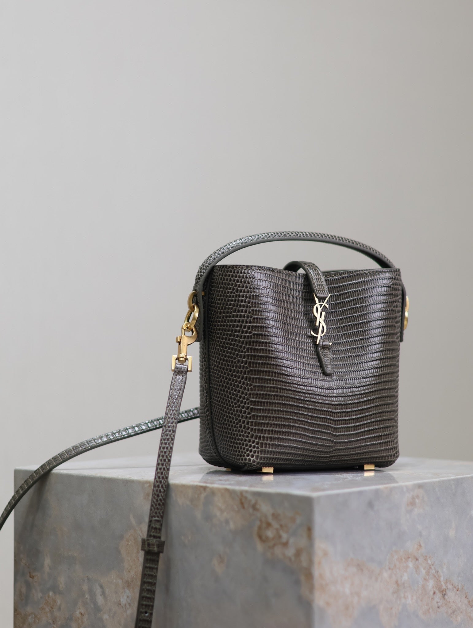YSL 25S LE 37 MINI 15 IN BROWN LIZARD PATTERN CALFSKIN GOLD HARDWARE