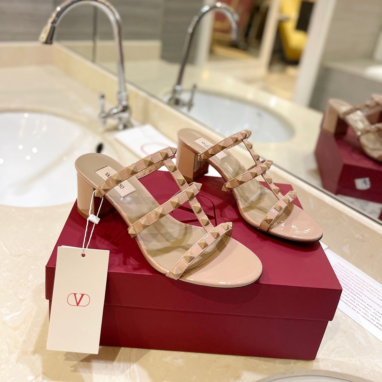 VALENTINO 26S ROCKSTUD CAGED HEELED SANDALS 60 MM IN NUDE PATENT CALFSKIN