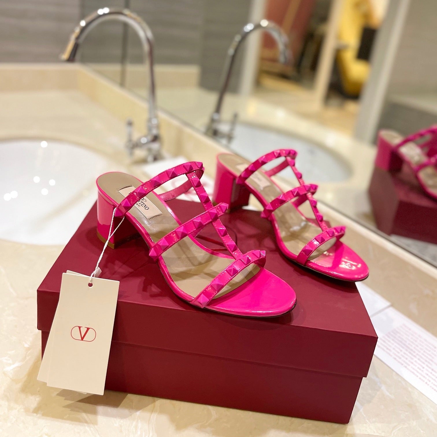 VALENTINO 26S ROCKSTUD CAGED HEELED SANDALS 60 MM IN PINK CALFSKIN