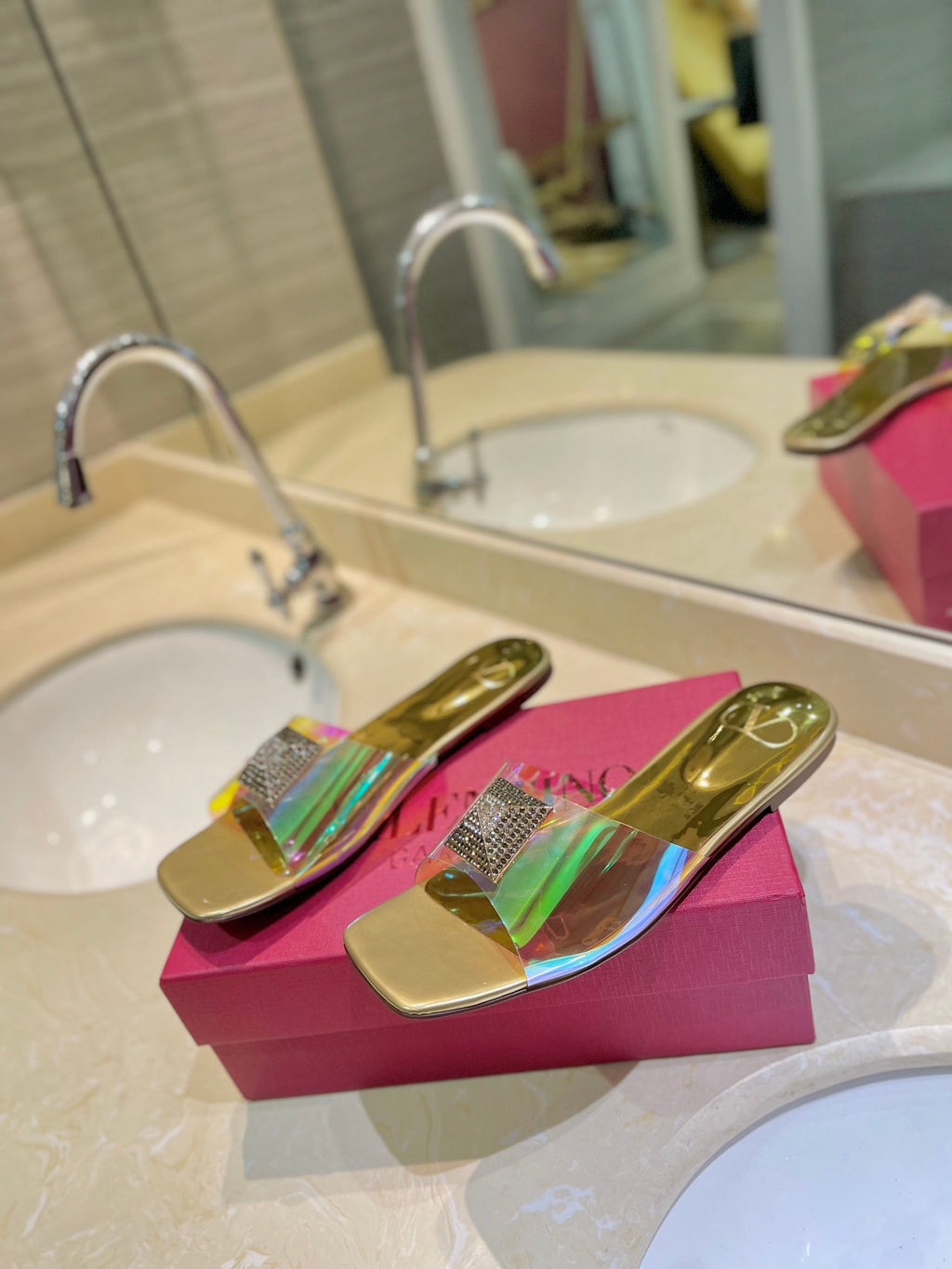 VALENTINO 26S FLAT SLIDES IN GOLD LAMBSKIN WITH CRYSTAL STYLE 3