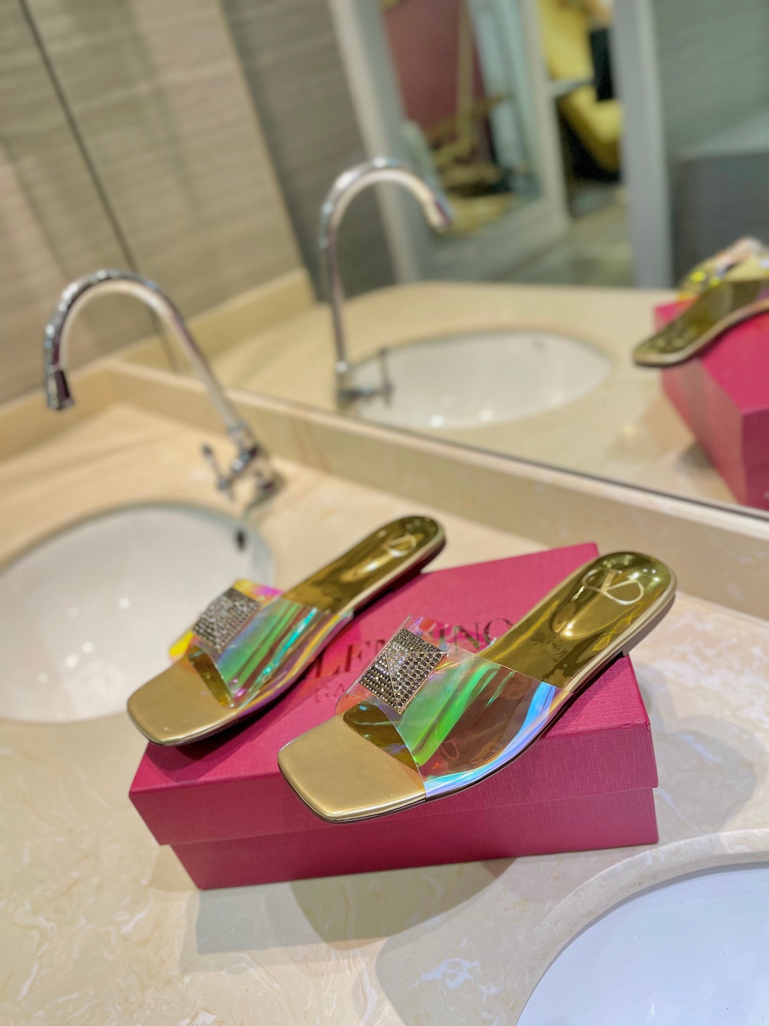 VALENTINO 26S FLAT SLIDES IN GOLD LAMBSKIN WITH CRYSTAL STYLE 3