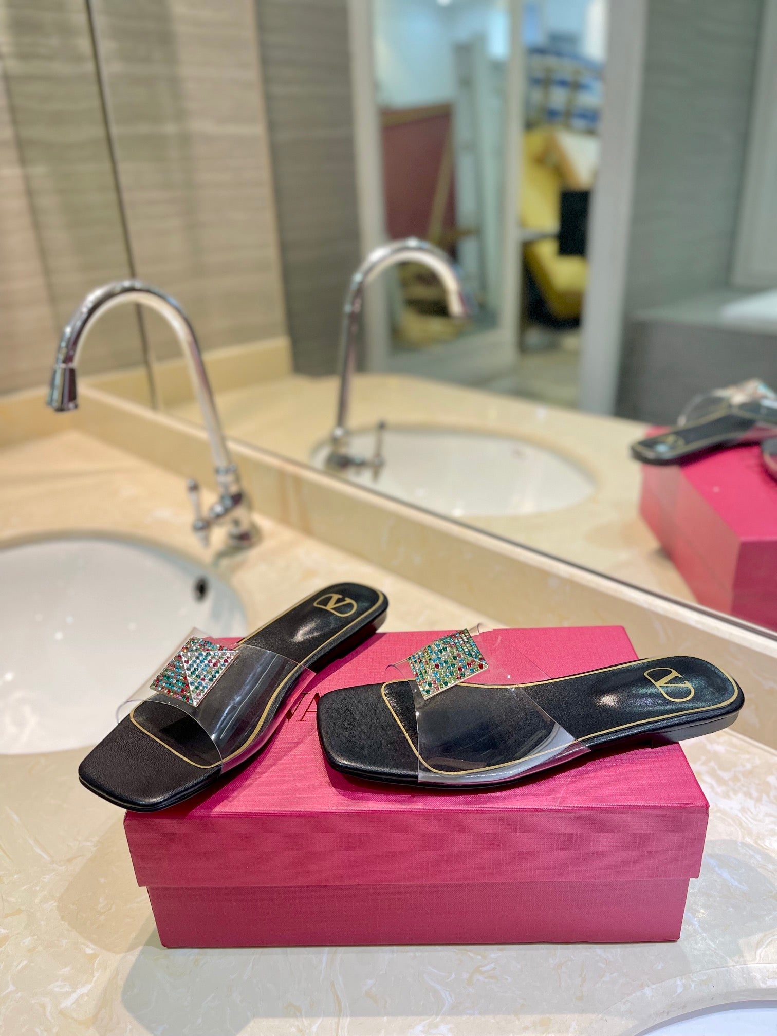 VALENTINO 26S FLAT SLIDES IN BLACK LAMBSKIN WITH CRYSTAL STYLE 2