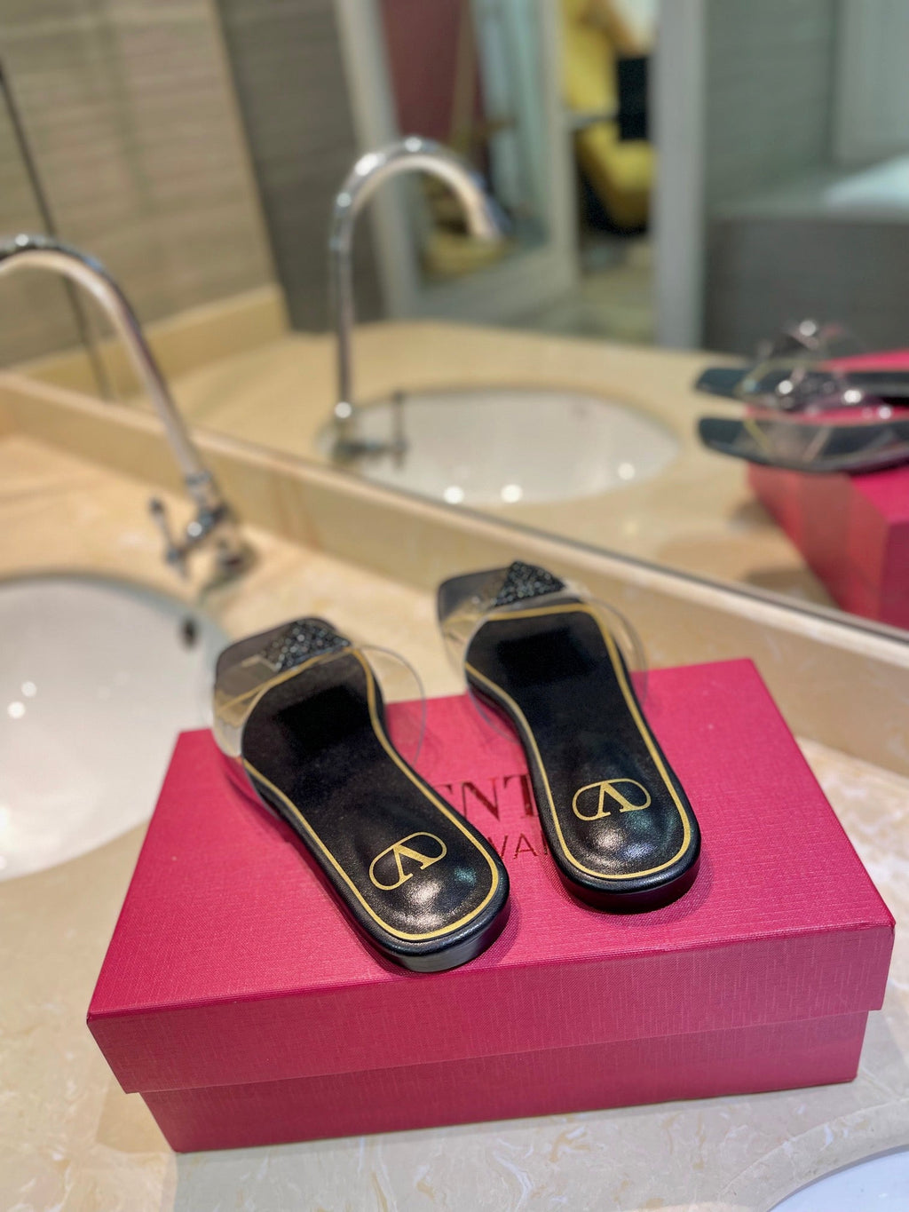 VALENTINO 26S FLAT SLIDES IN BLACK LAMBSKIN WITH CRYSTAL
