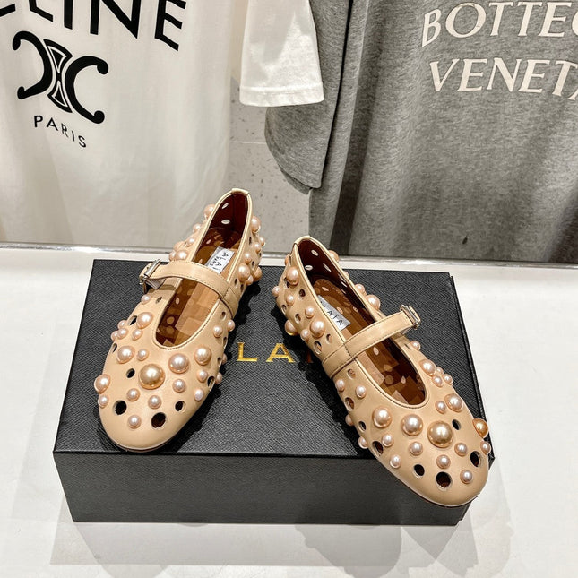ALAIA PEARL MARY JANE SHOES IN BISQUE BEIGE LAMBSKIN